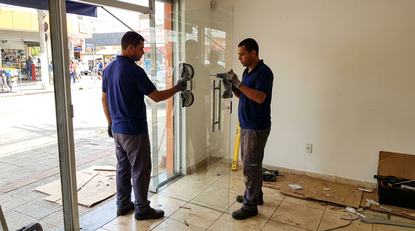 Porta de vidro de loja em rua movimentada em Boa Vista-RR