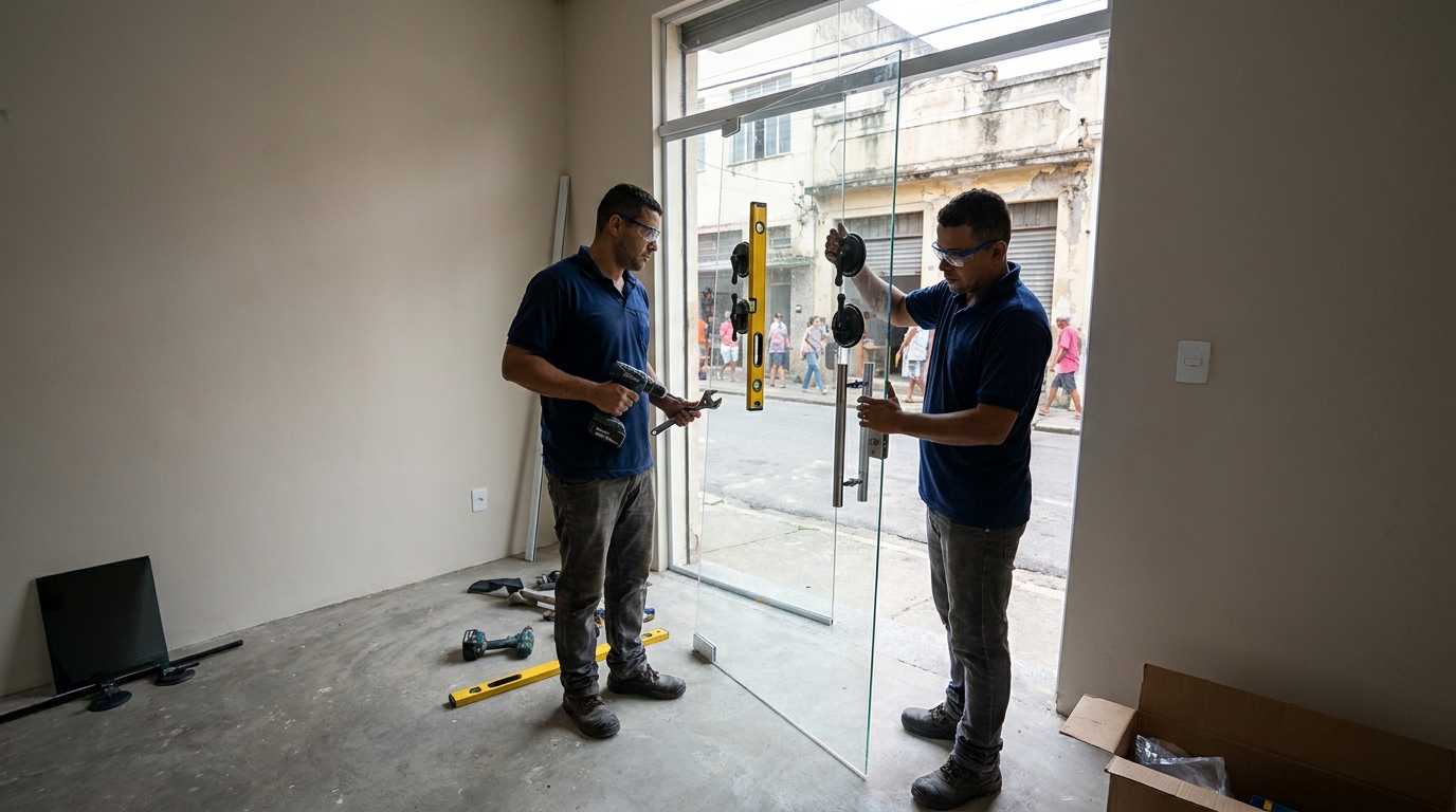 Porta de vidro com vista urbana em Boa Vista-RR